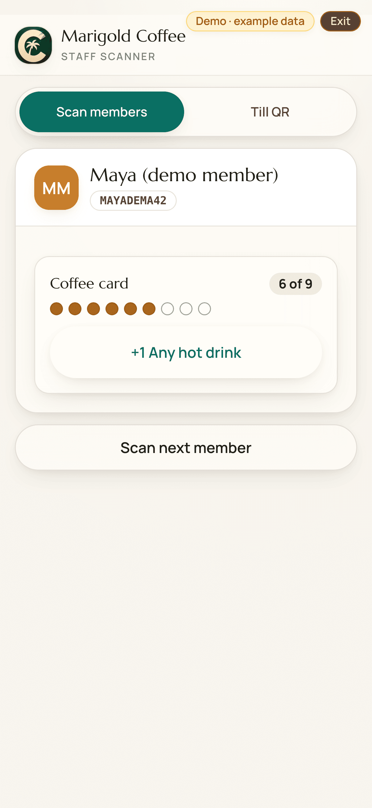 The staff scanner right after scanning a member's card - Maya's coffee card at 6 of 9 with a one-tap stamp button